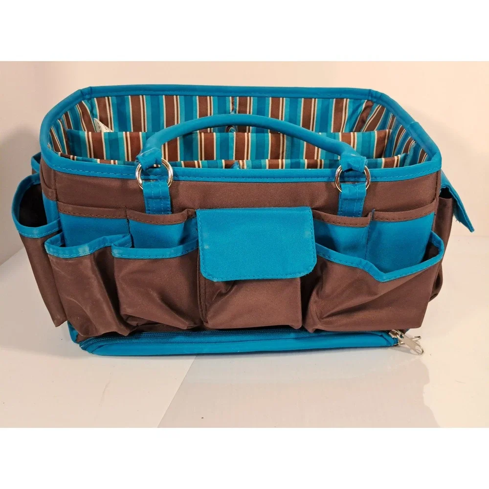 Brown and Teal Blue Multi Pocket Craft Caddy Organizer with Bottom Tray Storage